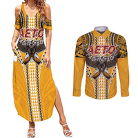 Samoa Pago Pago Aeto Couples Matching Summer Maxi Dress and Long Sleeve Button Shirt Bald Eagle with Polynesian Art Tattoos - Polynesian Pride