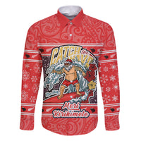 New Zealand Christmas Family Matching Puletasi Dress and Hawaiian Shirt Santa Catch The Wave Maori Pattern Retro Style LT03 Dad's Shirt - Long Sleeve Red - Polynesian Pride