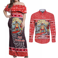 Custom New Zealand Christmas Couples Matching Off Shoulder Maxi Dress and Long Sleeve Button Shirts Santa Catch The Wave Maori Pattern Retro Style LT03 Red - Polynesian Pride