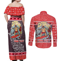 Custom New Zealand Christmas Couples Matching Off Shoulder Maxi Dress and Long Sleeve Button Shirts Santa Catch The Wave Maori Pattern Retro Style LT03 - Polynesian Pride