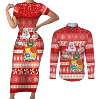 Tonga Christmas Couples Matching Short Sleeve Bodycon Dress and Long Sleeve Button Shirts The Santa Coat of Arms with Ngatu and Snow Pattern LT03 Red - Polynesian Pride