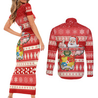Tonga Christmas Couples Matching Short Sleeve Bodycon Dress and Long Sleeve Button Shirts The Santa Coat of Arms with Ngatu and Snow Pattern LT03 - Polynesian Pride