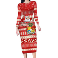 Custom Tonga Christmas Long Sleeve Bodycon Dress The Santa Coat of Arms with Ngatu and Snow Pattern LT03 Long Dress Red - Polynesian Pride