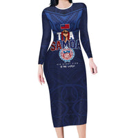 Custom Rugby Toa Samoa Family Matching Long Sleeve Bodycon Dress and Hawaiian Shirt Champions Six Eight Five LT03 Mom's Dress Blue - Polynesian Pride