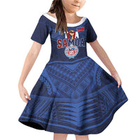 Custom Rugby Toa Samoa Family Matching Off Shoulder Short Dress and Hawaiian Shirt Champions Six Eight Five LT03 Daughter's Dress Blue - Polynesian Pride