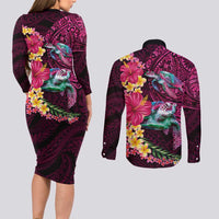 Hawaiian Plumeria and Hibiscus with Turtles Couples Matching Long Sleeve Bodycon Dress and Long Sleeve Button Shirt Polynesian Art Red Color LT03 - Polynesian Pride