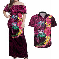Hawaiian Plumeria and Hibiscus with Turtles Couples Matching Off Shoulder Maxi Dress and Hawaiian Shirt Polynesian Art Red Color LT03 Red - Polynesian Pride
