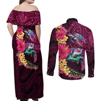 Hawaiian Plumeria and Hibiscus with Turtles Couples Matching Off Shoulder Maxi Dress and Long Sleeve Button Shirt Polynesian Art Red Color LT03 - Polynesian Pride