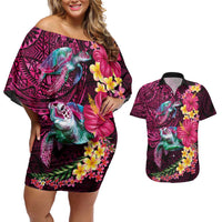 Hawaiian Plumeria and Hibiscus with Turtles Couples Matching Off Shoulder Short Dress and Hawaiian Shirt Polynesian Art Red Color LT03 Red - Polynesian Pride
