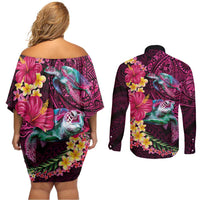 Hawaiian Plumeria and Hibiscus with Turtles Couples Matching Off Shoulder Short Dress and Long Sleeve Button Shirt Polynesian Art Red Color LT03 - Polynesian Pride