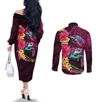 Hawaiian Plumeria and Hibiscus with Turtles Couples Matching Off The Shoulder Long Sleeve Dress and Long Sleeve Button Shirt Polynesian Art Red Color LT03 - Polynesian Pride