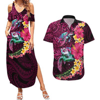 Hawaiian Plumeria and Hibiscus with Turtles Couples Matching Summer Maxi Dress and Hawaiian Shirt Polynesian Art Red Color LT03 Red - Polynesian Pride
