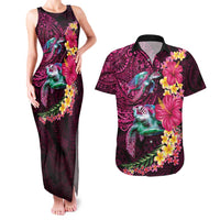 Hawaiian Plumeria and Hibiscus with Turtles Couples Matching Tank Maxi Dress and Hawaiian Shirt Polynesian Art Red Color LT03 Red - Polynesian Pride