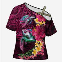 Hawaiian Plumeria and Hibiscus with Turtles Cross Shoulder Shirt Polynesian Art Red Color LT03 Female Red - Polynesian Pride