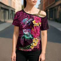 Hawaiian Plumeria and Hibiscus with Turtles Cross Shoulder Shirt Polynesian Art Red Color LT03 - Polynesian Pride