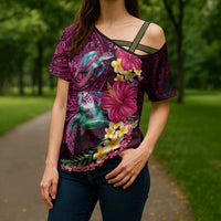 Hawaiian Plumeria and Hibiscus with Turtles Cross Shoulder Shirt Polynesian Art Red Color LT03 - Polynesian Pride