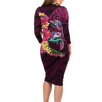 Hawaiian Plumeria and Hibiscus with Turtles Family Matching Long Sleeve Bodycon Dress and Hawaiian Shirt Polynesian Art Red Color LT03 - Polynesian Pride