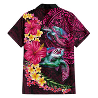 Hawaiian Plumeria and Hibiscus with Turtles Family Matching Off The Shoulder Long Sleeve Dress and Hawaiian Shirt Polynesian Art Red Color LT03 - Polynesian Pride