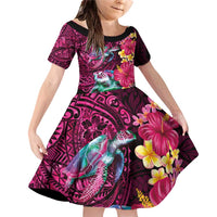 Hawaiian Plumeria and Hibiscus with Turtles Family Matching Off Shoulder Short Dress and Hawaiian Shirt Polynesian Art Red Color LT03 Daughter's Dress Red - Polynesian Pride