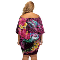 Hawaiian Plumeria and Hibiscus with Turtles Family Matching Off Shoulder Short Dress and Hawaiian Shirt Polynesian Art Red Color LT03 - Polynesian Pride