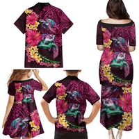 Hawaiian Plumeria and Hibiscus with Turtles Family Matching Puletasi and Hawaiian Shirt Polynesian Art Red Color LT03 - Polynesian Pride