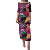 Hawaiian Plumeria and Hibiscus with Turtles Family Matching Puletasi and Hawaiian Shirt Polynesian Art Red Color LT03 Mom's Dress Red - Polynesian Pride