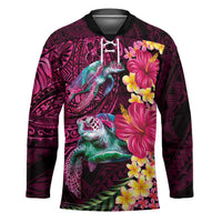 Hawaiian Plumeria and Hibiscus with Turtles Hockey Jersey Polynesian Art Red Color LT03 Unisex Red - Polynesian Pride