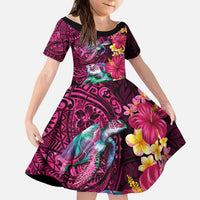 Hawaiian Plumeria and Hibiscus with Turtles Kid Short Sleeve Dress Polynesian Art Red Color LT03 KID Red - Polynesian Pride