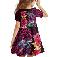 Hawaiian Plumeria and Hibiscus with Turtles Kid Short Sleeve Dress Polynesian Art Red Color LT03 - Polynesian Pride
