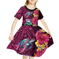 Hawaiian Plumeria and Hibiscus with Turtles Kid Short Sleeve Dress Polynesian Art Red Color LT03 - Polynesian Pride