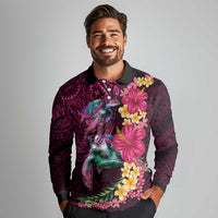 Hawaiian Plumeria and Hibiscus with Turtles Long Sleeve Polo Shirt Polynesian Art Red Color LT03 - Polynesian Pride
