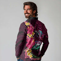 Hawaiian Plumeria and Hibiscus with Turtles Long Sleeve Polo Shirt Polynesian Art Red Color LT03 - Polynesian Pride