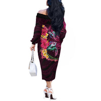 Hawaiian Plumeria and Hibiscus with Turtles Off The Shoulder Long Sleeve Dress Polynesian Art Red Color LT03 - Polynesian Pride