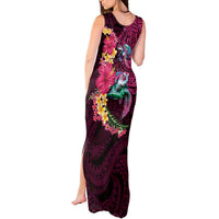 Hawaiian Plumeria and Hibiscus with Turtles Tank Maxi Dress Polynesian Art Red Color LT03 - Polynesian Pride