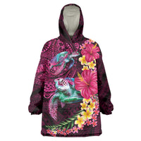 Hawaiian Plumeria and Hibiscus with Turtles Wearable Blanket Hoodie Polynesian Art Red Color LT03 One Size Red - Polynesian Pride
