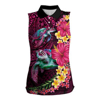 Hawaiian Plumeria and Hibiscus with Turtles Women Sleeveless Polo Shirt Polynesian Art Red Color LT03 Female Red - Polynesian Pride
