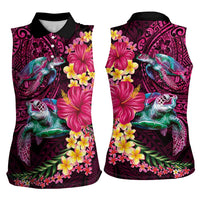 Hawaiian Plumeria and Hibiscus with Turtles Women Sleeveless Polo Shirt Polynesian Art Red Color LT03 - Polynesian Pride