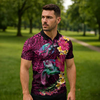 Hawaiian Plumeria and Hibiscus with Turtles Zipper Polo Shirt Polynesian Art Red Color LT03 - Polynesian Pride
