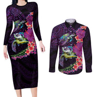 Hawaiian Plumeria and Hibiscus with Turtles Couples Matching Long Sleeve Bodycon Dress and Long Sleeve Button Shirt Polynesian Art Purple Color LT03 Purple - Polynesian Pride
