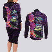 Hawaiian Plumeria and Hibiscus with Turtles Couples Matching Long Sleeve Bodycon Dress and Long Sleeve Button Shirt Polynesian Art Purple Color LT03 - Polynesian Pride