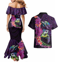 Hawaiian Plumeria and Hibiscus with Turtles Couples Matching Mermaid Dress and Hawaiian Shirt Polynesian Art Purple Color LT03 - Polynesian Pride