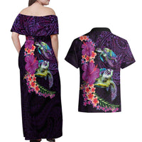 Hawaiian Plumeria and Hibiscus with Turtles Couples Matching Off Shoulder Maxi Dress and Hawaiian Shirt Polynesian Art Purple Color LT03 - Polynesian Pride
