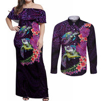 Hawaiian Plumeria and Hibiscus with Turtles Couples Matching Off Shoulder Maxi Dress and Long Sleeve Button Shirt Polynesian Art Purple Color LT03 Purple - Polynesian Pride