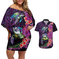 Hawaiian Plumeria and Hibiscus with Turtles Couples Matching Off Shoulder Short Dress and Hawaiian Shirt Polynesian Art Purple Color LT03 Purple - Polynesian Pride
