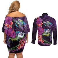 Hawaiian Plumeria and Hibiscus with Turtles Couples Matching Off Shoulder Short Dress and Long Sleeve Button Shirt Polynesian Art Purple Color LT03 - Polynesian Pride