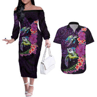 Hawaiian Plumeria and Hibiscus with Turtles Couples Matching Off The Shoulder Long Sleeve Dress and Hawaiian Shirt Polynesian Art Purple Color LT03 Purple - Polynesian Pride