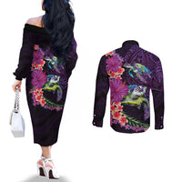 Hawaiian Plumeria and Hibiscus with Turtles Couples Matching Off The Shoulder Long Sleeve Dress and Long Sleeve Button Shirt Polynesian Art Purple Color LT03 - Polynesian Pride