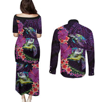 Hawaiian Plumeria and Hibiscus with Turtles Couples Matching Puletasi and Long Sleeve Button Shirt Polynesian Art Purple Color LT03 - Polynesian Pride