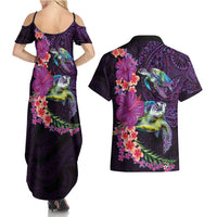 Hawaiian Plumeria and Hibiscus with Turtles Couples Matching Summer Maxi Dress and Hawaiian Shirt Polynesian Art Purple Color LT03 - Polynesian Pride
