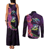 Hawaiian Plumeria and Hibiscus with Turtles Couples Matching Tank Maxi Dress and Long Sleeve Button Shirt Polynesian Art Purple Color LT03 - Polynesian Pride